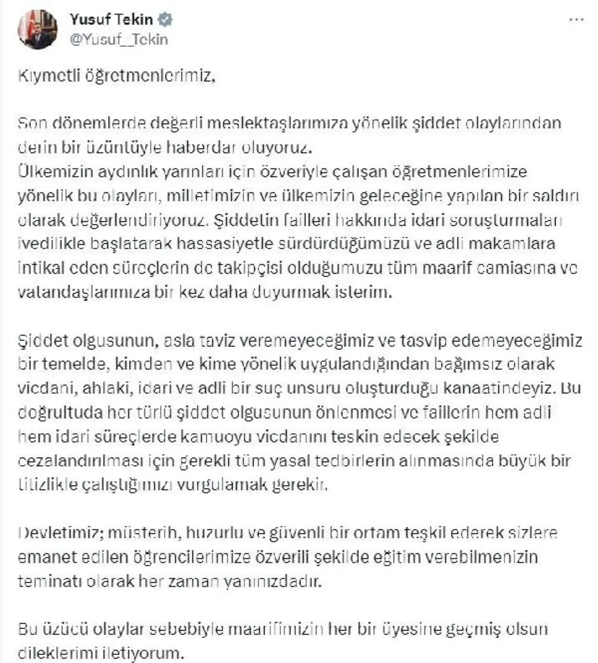 Milli Eğitim Bakanı Yusuf Tekin Öğretmenlere Yönelik Şiddeti Kınadı