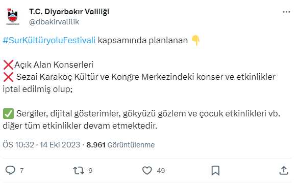 Sur Kültür Yolu Festivali'nde konserler ve bazı etkinlikler iptal edildi