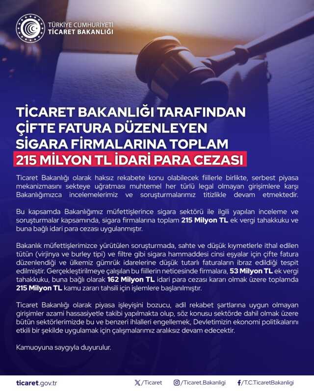 Sigara firmalarına çifte fatura düzenlemekten 215 milyon lira ceza kesildi