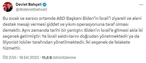 Hastane katliamına tepki gösteren Devlet Bahçeli, Biden'ı da es geçmedi: İsrail ziyareti akla 2 seçeneği getiriyor