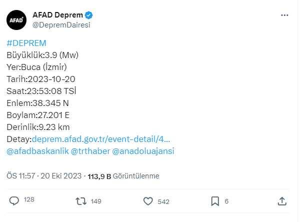 İzmir'de 3.9 büyüklüğünde deprem