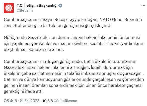 Cumhurbaşkanı Erdoğan, NATO Genel Sekreteri ile görüştü: Gazze'deki insanı dramı bitirmek için harekete geçilmeli