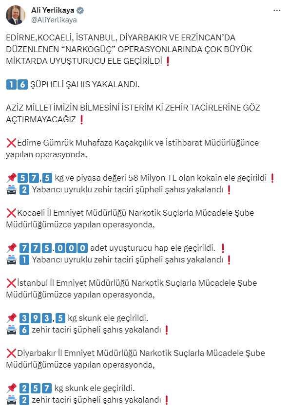 Erzincan'ın da aralarında bulunduğu 5 ilde 'Narkogüç' operasyonu
