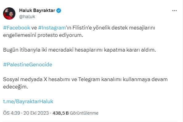 Haluk Bayraktar'dan Facebook ve Instagram'a Filistin tepkisi! Hesaplarını kapattı Haluk Bayraktar'dan Facebook ve Instagram'a Filistin tepkisi! Hesaplarını kapattı