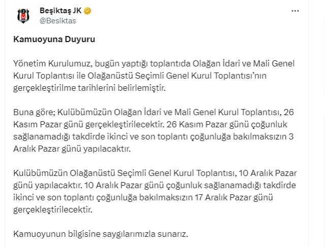 Son Dakika: Beşiktaş'ta başkanlık seçimi yeterli çoğunluk sağlanırsa 10, sağlanamazsa 17 Aralık'ta yapılacak