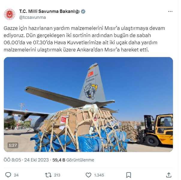 Hava Kuvvetleri Komutanlığı'na ait 2 yardım uçağı daha Gazze için hareket etti