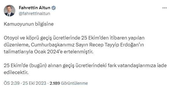 Son Dakika: Cumhurbaşkanı Erdoğan'ın talimatıyla köprü ve otoyol ücretlerine yapılan zam yılbaşına ertelendi