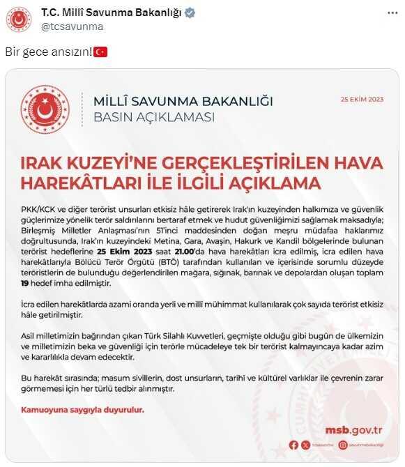 Son Dakika: Irak'ın kuzeyine hava harekatı! Terör örgütüne ait 19 hedef imha edildi