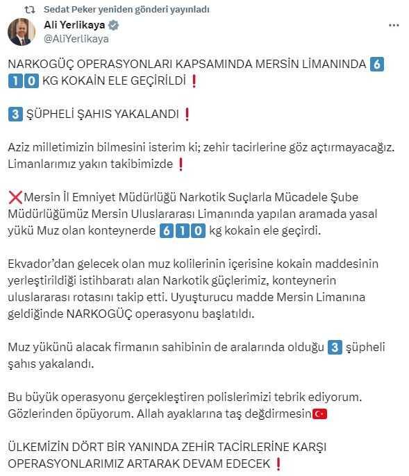 Sedat Peker, Bakan Yerlikaya'nın paylaşımını retweet etti