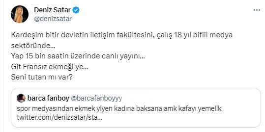 Ünlü sunucu Deniz Satar'dan 'Spor medyasından ekmek yiyen kadına bak' yorumuna tokat gibi cevap Ünlü sunucu Deniz Satar'dan 'Spor medyasından ekmek yiyen kadına bak' yorumuna tokat gibi cevap