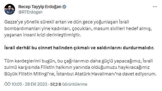 Son Dakika: Cumhurbaşkanı Erdoğan'dan Gazze'yi bombardımana tutan İsrail'e tepki: Derhal bu cinnet halinden çıkın Son Dakika: Cumhurbaşkanı Erdoğan'dan Gazze'yi bombardımana tutan İsrail'e tepki: Derhal bu cinnet halinden çıkın