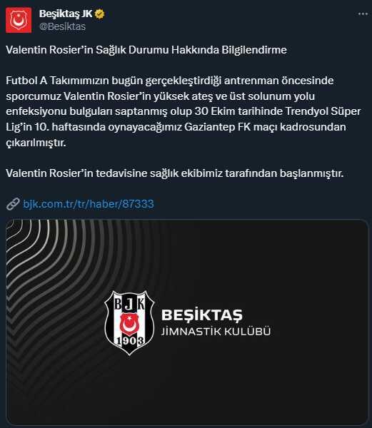 Takıma resmen nazar değdi! Valentin Rosier, Gaziantep maçının kadrosundan çıkarıldı