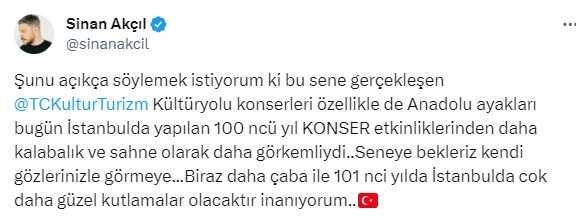 İstanbul'daki 100. yıl kutlamalarını beğenmeyen Sinan Akçıl'ın sözleri tepki çekti