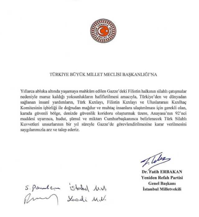 Fatih Erbakan TBMM'ye dilekçe gönderdi: Mehmetçik Gazze'ye gitsin Fatih Erbakan TBMM'ye dilekçe gönderdi: Mehmetçik Gazze'ye gitsin