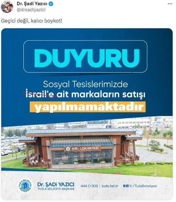 Tuzla Belediye Başkanı Şadi Yazıcı, İsrail ürünlerine kalıcı olarak boykot başlattı Tuzla Belediye Başkanı Şadi Yazıcı, İsrail ürünlerine kalıcı olarak boykot başlattı