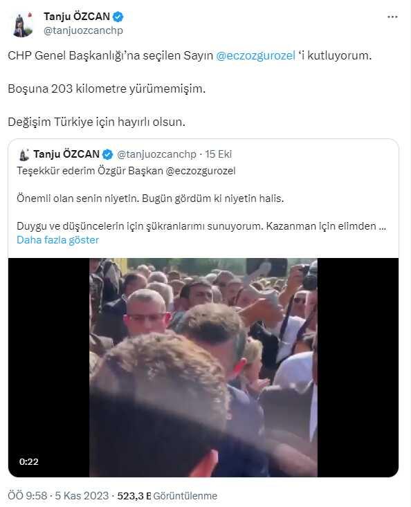 Kılıçdaroğlu'nun gitmesi için 203 kilometre yürüyen Tanju Özcan'dan Özgür Özel'e tebrik Kılıçdaroğlu'nun gitmesi için 203 kilometre yürüyen Tanju Özcan'dan Özgür Özel'e tebrik