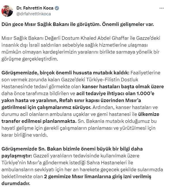 Türkiye, Mısır'a Sahra Hastaneleri ve ambulanslar göndermek için izin aldı