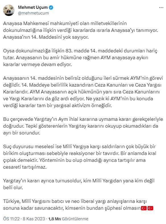 Cumhurbaşkanı Başdanışmanı Uçum: Yargıtay'ın AYM ihlal kararına uymama kararı gerekçeleriyle doğrudur