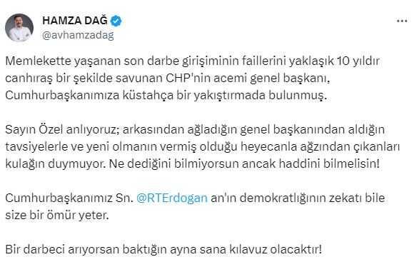 AK Parti'den Cumhurbaşkanı Erdoğan'a 'Darbecisin' diyen Özgür Özel'e aynı sertlikte yanıt AK Parti'den Cumhurbaşkanı Erdoğan'a 'Darbecisin' diyen Özgür Özel'e aynı sertlikte yanıt