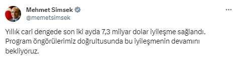 Bakan Şimşek: Yıllık cari dengede iyileşme sağlandı