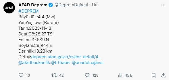 Burdur'un Yeşilova ilçesinde 4.4 büyüklüğünde deprem Burdur'un Yeşilova ilçesinde 4.4 büyüklüğünde deprem