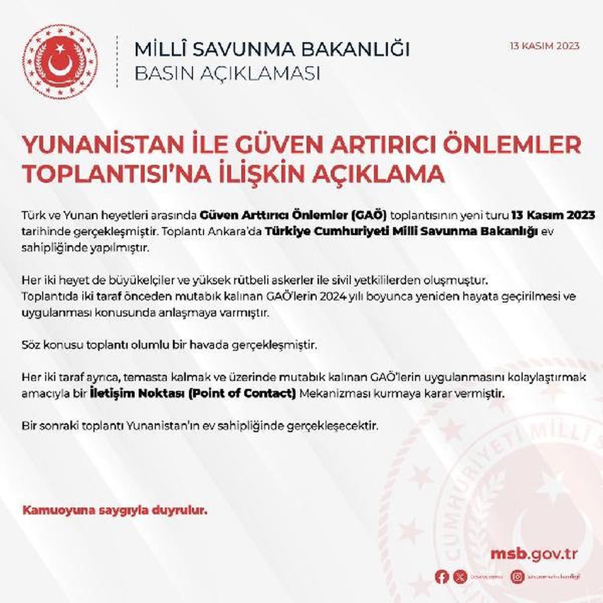 Türkiye ve Yunanistan arasında Güven Arttırıcı Önlemler (GAÖ) toplantısı yapıldı