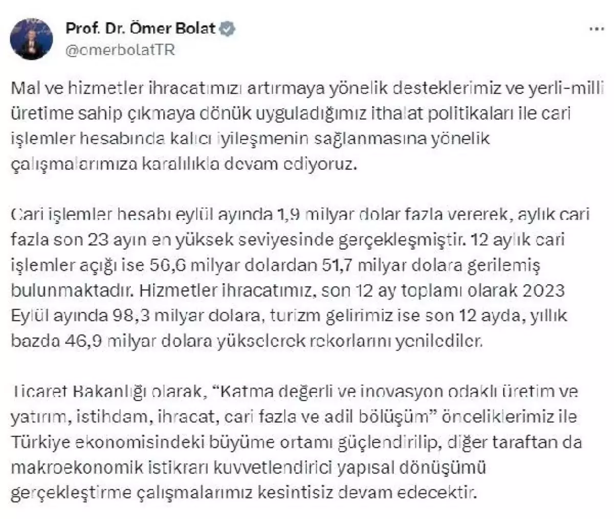 Ticaret Bakanı Ömer Bolat: İhracatı artırmaya yönelik çalışmalara kararlılıkla devam ediyoruz