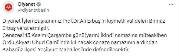 Diyanet İşleri Başkanı Ali Erbaş'ın annesi vefat etti Diyanet İşleri Başkanı Ali Erbaş'ın annesi vefat etti