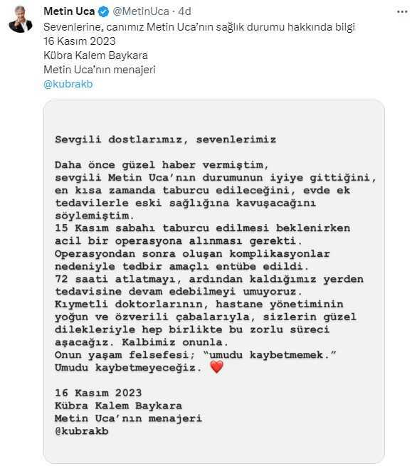 Metin Uca'nın sağlık durumu nasıl? Hasta mı, hastalığı nedir? Metin Uca'nın sağlık durumu nasıl? Hasta mı, hastalığı nedir?
