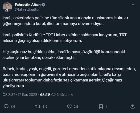Cumhurbaşkanlığı İletişim Başkanı Fahrettin Altun ve AK Parti Sözcüsü Ömer Çelik İsrail Polisinin TRT Haber Ekibine Saldırısını Kınadı Cumhurbaşkanlığı İletişim Başkanı Fahrettin Altun ve AK Parti Sözcüsü Ömer Çelik İsrail Polisinin TRT Haber Ekibine Saldırısını Kınadı