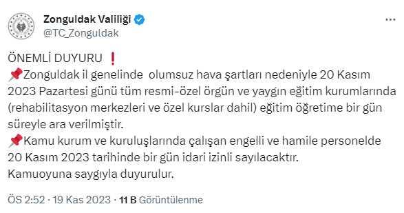 Zonguldak'ta olumsuz hava koşulları nedeniyle eğitime 1 gün ara verildi Zonguldak'ta olumsuz hava koşulları nedeniyle eğitime 1 gün ara verildi