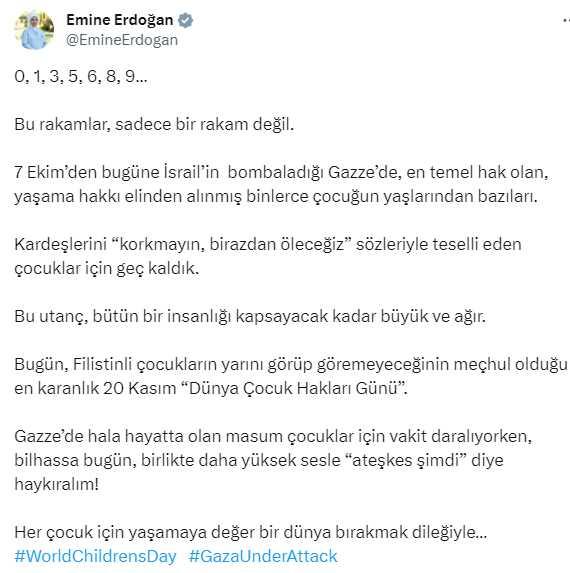 Emine Erdoğan'dan Dünya Çocuk Hakları Günü'nde Filistin için ateşkes çağrısı