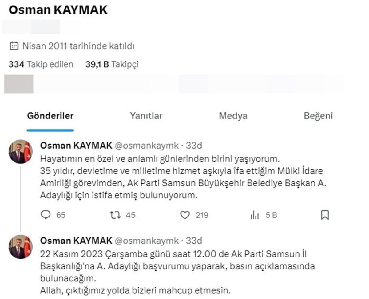 Eski Samsun Valisi Osman Kaymak, Samsun Büyükşehir Belediyesi başkan aday adayı olmak için istifa etti