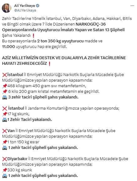 7 ilde düzenlenen Narkogüç-36 operasyonlarında 2 ton 350 kg uyuşturucu madde ele geçirildi