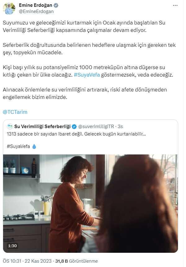 Emine Erdoğan'dan su kıtlığına ilişkin paylaşım Açıklaması