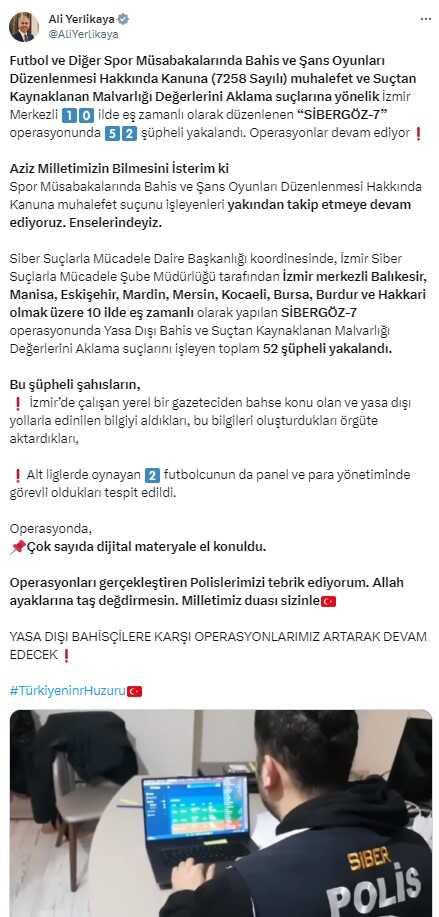 Yasa dışı bahisçilere düzenlenen operasyonda 52 şüpheli yakalandı! Aralarında 2 futbolcu var Yasa dışı bahisçilere düzenlenen operasyonda 52 şüpheli yakalandı! Aralarında 2 futbolcu var