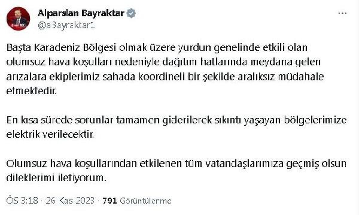 Enerji Bakanı: Olumsuz hava koşullarına karşı çalışmalar devam ediyor