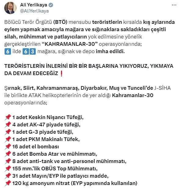 İçişleri Bakanı Yerlikaya: 6 ilde 63 mağara, sığınak ve depo imha edildi İçişleri Bakanı Yerlikaya: 6 ilde 63 mağara, sığınak ve depo imha edildi