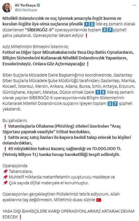15 ilde düğmeye basıldı! 37 şüphelinin gözaltına alındığı operasyonda 70 milyon TL'lik hareketlilik tespit edildi 15 ilde düğmeye basıldı! 37 şüphelinin gözaltına alındığı operasyonda 70 milyon TL'lik hareketlilik tespit edildi