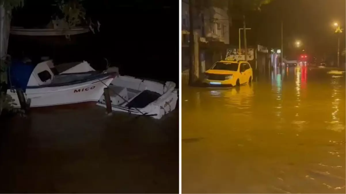 Balıkesir'de dereler taştı, balıkçı tekneleri suya gömüldü