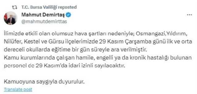 Bursa üniversiteler tatil mi? 29 Kasım Bursa'da üniversiteler tatil edildi mi?