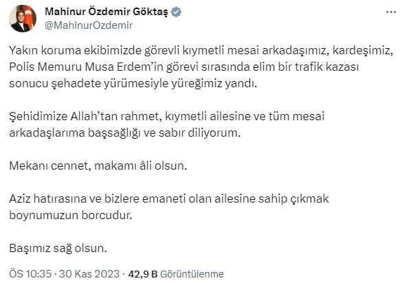 Bakan Göktaş, yakın koruma ekibinde görevli polis memurunun şehit olduğunu bildirdi Bakan Göktaş, yakın koruma ekibinde görevli polis memurunun şehit olduğunu bildirdi