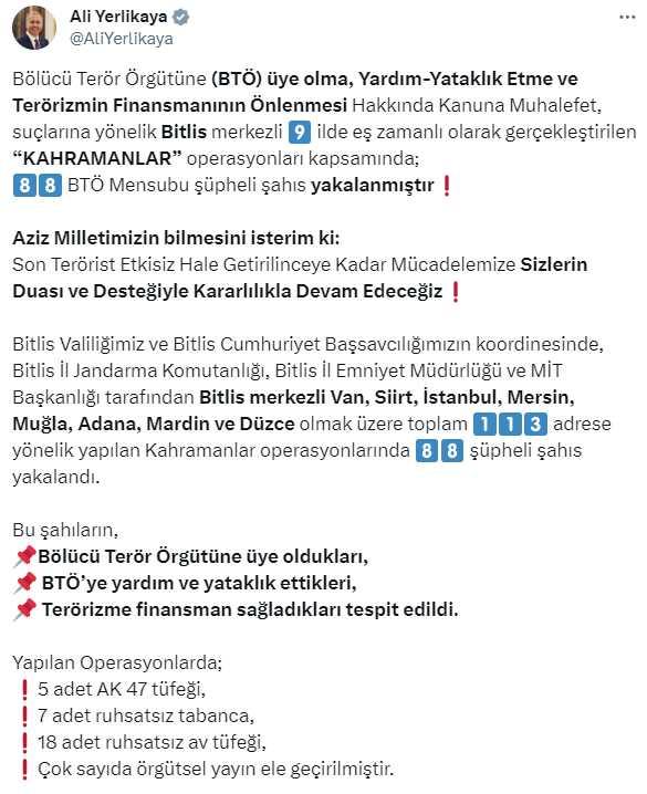 9 ilde eş zamanlı 'Kahramanlar' operasyonu: 88 Bölücü terör örgütü mensubu yakalandı 9 ilde eş zamanlı 'Kahramanlar' operasyonu: 88 Bölücü terör örgütü mensubu yakalandı