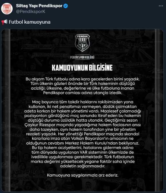 Pendikspor'dan, Galatasaray maçı sonrası olay paylaşım: Pendikspor'dan, Galatasaray maçı sonrası olay paylaşım: