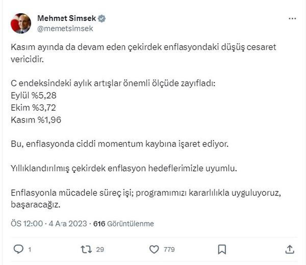 Bakan Şimşek: Çekirdek enflasyondaki düşüş cesaret verici