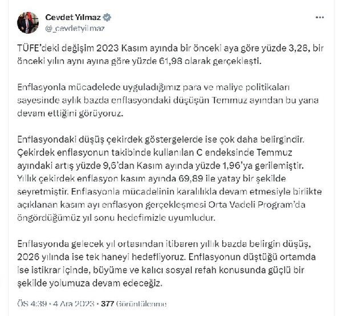 Cevdet Yılmaz: Enflasyonda düşüş hedefliyoruz
