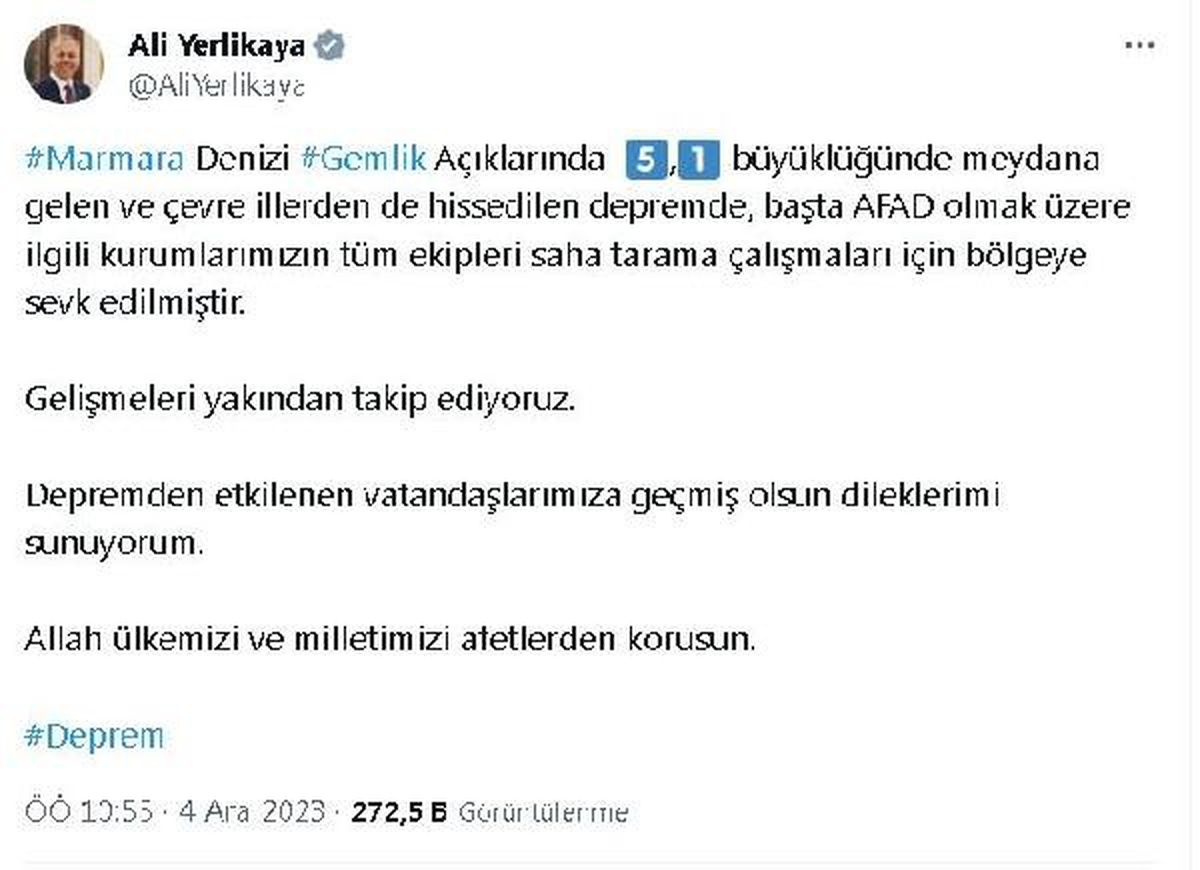 İçişleri Bakanı Ali Yerlikaya'dan Marmara Denizi'ndeki Deprem Açıklaması
