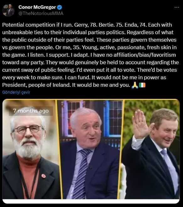 Dünyaca ünlü dövüşçü Connor McGregor, İrlanda'da başbakanlığa adaylığını koydu Dünyaca ünlü dövüşçü Connor McGregor, İrlanda'da başbakanlığa adaylığını koydu