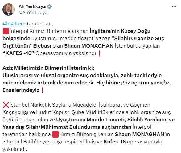Interpol'ün kırmızı bültenle aradığı suç örgütü lideri Shaun Monaghan, İstanbul'da yakalandı