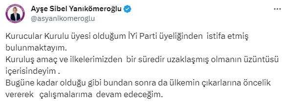 İstanbul Milletvekili Ayşe Sibel Yanıkömeroğlu İYİ Parti'den istifa etti İstanbul Milletvekili Ayşe Sibel Yanıkömeroğlu İYİ Parti'den istifa etti